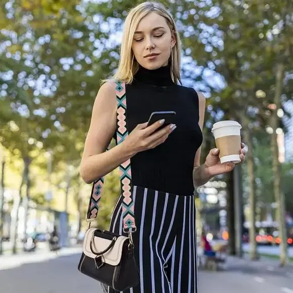 Geometric Pattern Adjustable Purse Strap In Pink, Black and Blue - Picture 9 of 9